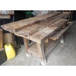 Old Pine Work Bench, 2 tier, labelled “Booth Brothers”, with a “Parkinsons Perfect Vice”, 70”w x