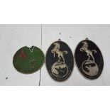 Pair of oval stable plaques, "HORSE OF THE YEAR SHOW", (England, France, Spain) each 9"h and a “