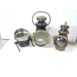 Miller car lamp (front glass pane cracked) and 2 x miner's lamps, both Powell & Hanmer,