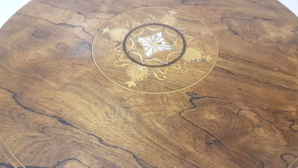 Late Victorian period Circular rosewood table, the top inlaid with mother of pearl decoration and - Image 2 of 2