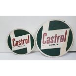 2 similar circular “Castrol” motor oil signs on tin backs, 18” & 24” dia,