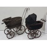 2 x antique doll's prams, wicker exterior frames, metal wheels (2)