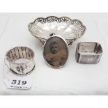 4 Birmingham Silver Items – 2 serviette rings, small oval photo frame & a bon bon dish with fretwork