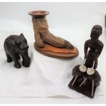 3 African items - mounted ostrich foot, small ebony elephant (no tusks) and a drummer boy (3)