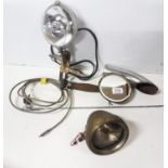 Old car parts - radio aerial, “Stadium” brass framed reflector mirror, Lucas SFT576 headlamp,