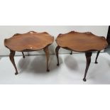 Matching pair of Mahogany lotus leaf-shaped side tables, each on 4 cabriole legs, 30”dia (one leg