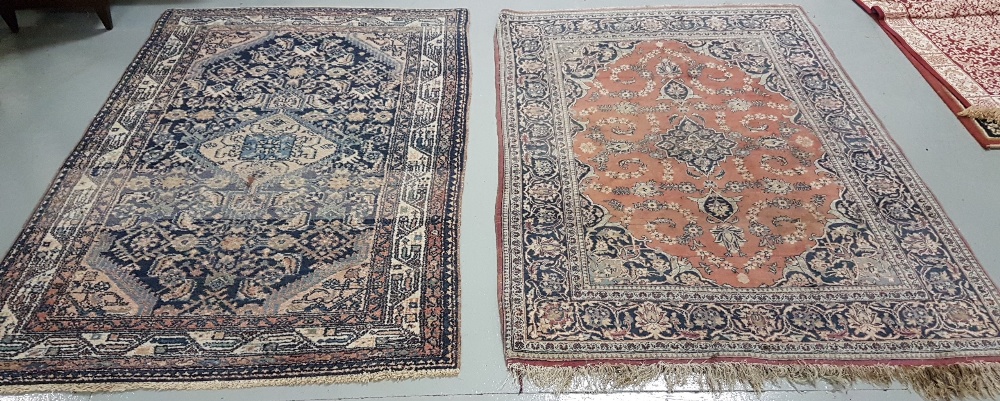 2 Old Persian Floor Rugs – 1 red ground (160cm x 110cm) & 1 blue ground (166cm x 106cm), multiple