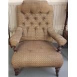 WMIV Mahogany framed Gents Armchair, with balustrade arms, on turned front legs, gold and green