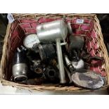 Basket of old motor parts, gauges, caps etc