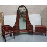 Red Cloisonné Chinese Bedroom Suite, 4 piece, including a dressing table and chest, both with hinged