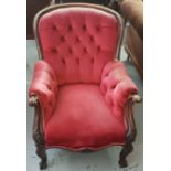 Victorian mahogany framed Armchair, red velvet upholstery, button back, on cabriole front legs
