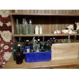 Large group & 1 box of old coloured glass bottles, some with town names – Tullamore, Bewley