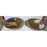 Two similar antique pine bread bowls and 4 pine butter pats (5)