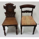 19th C oak hall chair with armorial shaped back and a William IV mahogany dining chair (2)
