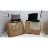 Two Top Hats – 1 Black Velvet, labelled Lock & Co, St James St, London, with original postal box & a