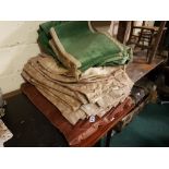 Large bundle of old long curtains – various colours (green, brown etc) and various fabrics (velvet