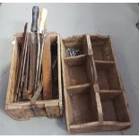 7 Horse related tools - 4 shoe files and 3 metal tongs in a Schweppes wooden box and also a 6