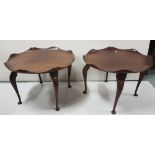 Matching pair of mahogany lotus leaf-shaped side tables, each on 4 cabriole legs, 22”dia (smaller,