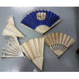 5 Fans incl. 1 medium sized bone fan with silk floral painted interior & 4 smaller bone/wood