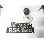 2 car registration plates, a B.E.C. hubcap & “INDIAN” motorbike light frame (4)