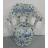Blue/white Chinese style pottery armchair, 27"h x 21"w