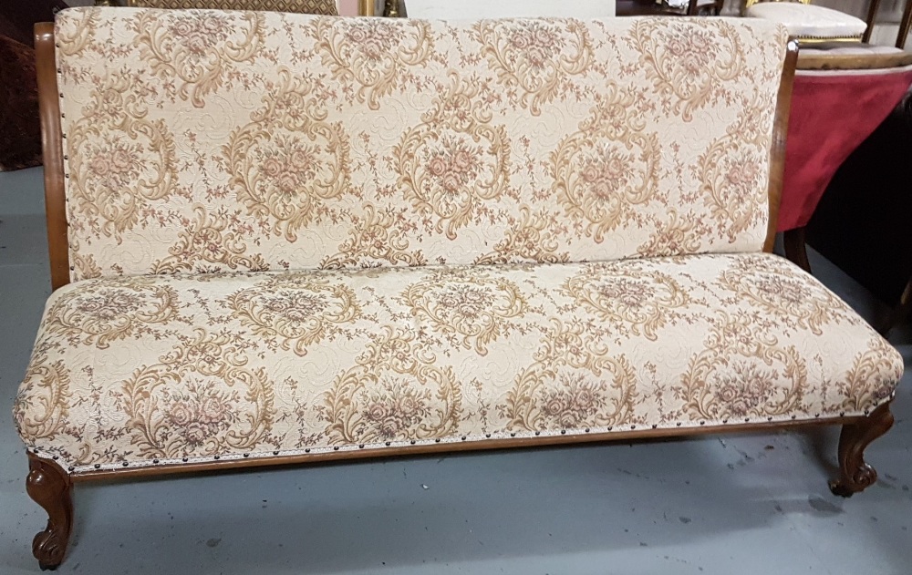 Mahogany framed Hall Settee, upholstered with beige floral fabric on sprung base, cabriole front