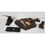 Soapstone desk tray, vintage hole puncher, vintage address embosser and paperweight and 5 writing