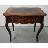 Floral marquetry inlaid table with serpentine top over apron drawer, sabre feet, gilt mounts, 34”w x
