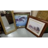 Framed print “Istabraq”, 2 mail coach prints & a modern gilt framed wall mirror (4)