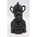 Bronze head and shoulders Bust of a Benin Chieftain, wearing a headdress and a native necklace, 7”