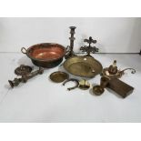 Copper preserving pan, brass-based table lamp, metal pipe stand, pair of plated candlesticks (