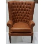 High Back Georgian Style Library / Hall Chair, with buttoned brown leatherette cover, on tapered