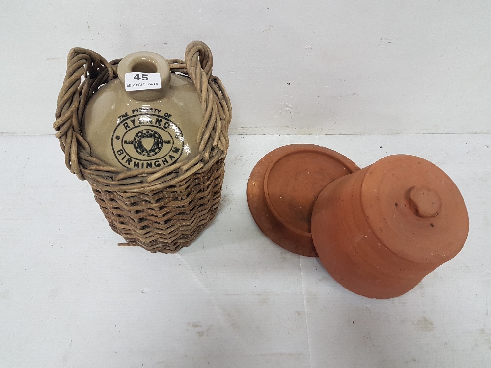 Stoneware Jar in a wicker basket & a terracotta dish with a lid (2)