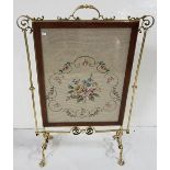 Brass Framed Fire Screen, inset with a mahogany framed Berlin wool work insert, 31"h x 21"