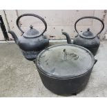 2 antique metal kettles and round skillet pot with lid