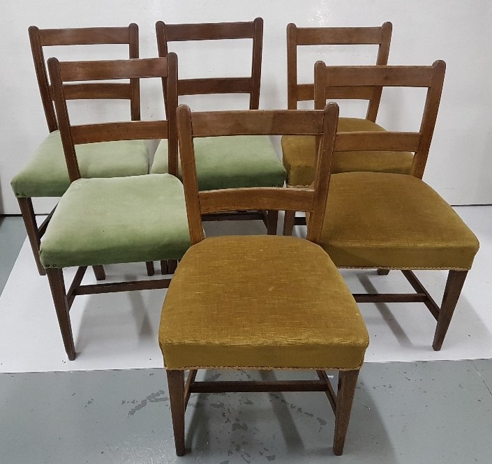 6 Mahogany Dining Chairs, inlaid, on tapered legs (2 x sets of 3), green fabric and gold fabric