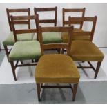 6 Mahogany Dining Chairs, inlaid, on tapered legs (2 x sets of 3), green fabric and gold fabric