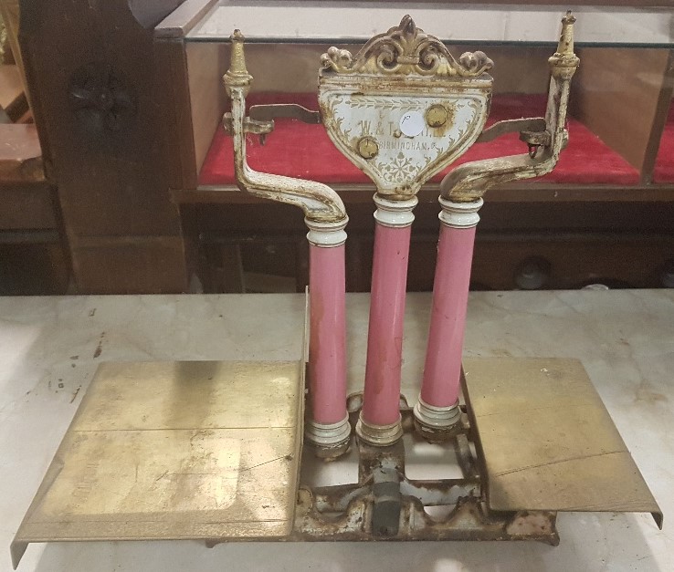 AVERY Counter Scales, with pink porcelain columns, 18”h (for restoration)