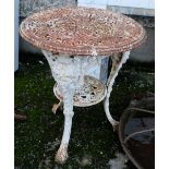 Cast Iron Garden Table, with a round fretwork top and lower shelf, 2 ft dia