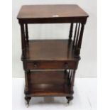 3-Tier 19thC Rosewood Dumbwaiter with a central drawer, on turned legs, 20”w x 15”dx38”h