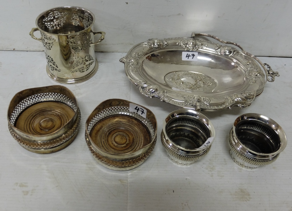 6 silver plate items – pair of Mappin & Webb sugar bowls, pair of coasters, bottle stand & fruit