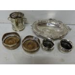6 silver plate items – pair of Mappin & Webb sugar bowls, pair of coasters, bottle stand & fruit