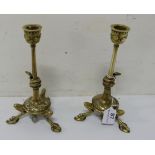 Matching Pair of Indian Brass Candlesticks, with snake mounts and birds claw feet