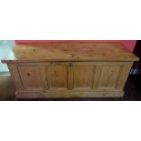 Pine Blanket Chest with hinged lid and panelled front and sides, 48”w x 18.5”h