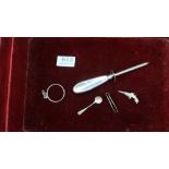 Plated animal stomach prong and 4 plated miniatures – salt spoon, tweezers, frame, charm and a