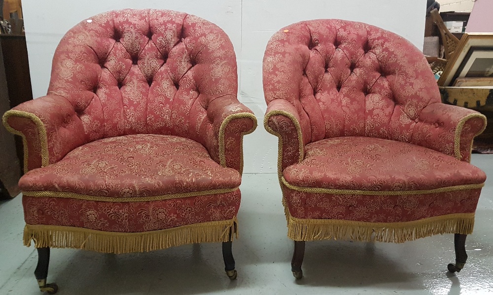 Matching pair of Victorian armchairs, oval backs covered with red/gold fabric, buttoned(worn), 30” - Image 2 of 3