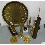 3 pairs of Candlesticks, ornamental hand, 8-spot pen holder, brass tray & shell cartridge