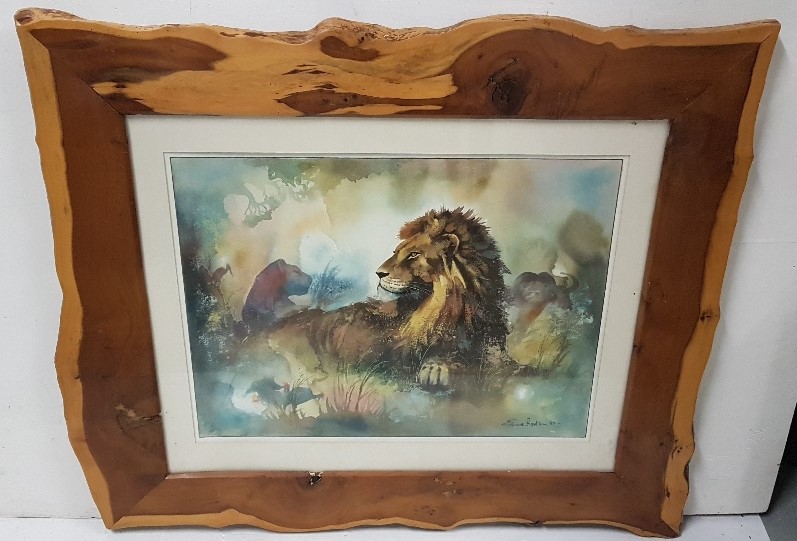 Large Portrait of a Serengeti Lion – watercolour – signed Edmund Bateman ’89, in a shaped Irish
