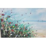 LORNA MILLER, Colourful Wild Meadow of Flowers at Beachside, acrylic on board, 53cm x 78cm, in a