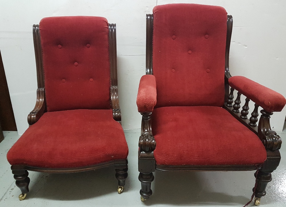 Pair of Ladys & Gents Victorian Mahogany framed Armchairs, red velvet fabric, turned legs